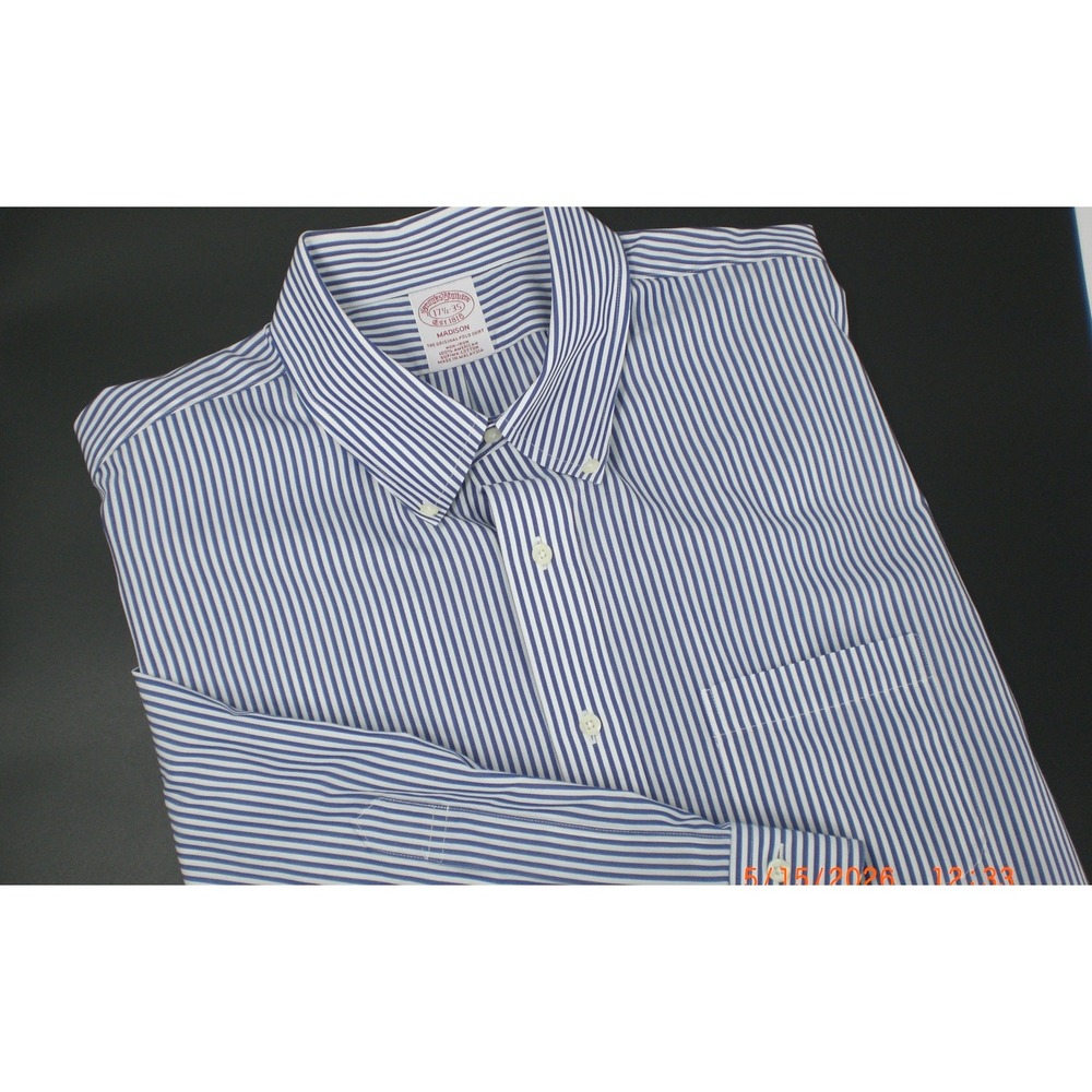 Brooks Brothers Dress Shirt Men 17.5 35 Blue White Madison Non-Iron Striped